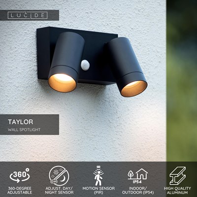 Lucide TAYLOR - Wall spotlight / Wall light Indoor/Outdoor - 2xGU10 - IP54 - Motion Sensor - Black
